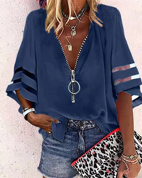 Damen V‑Ausschnitt Bluse mit dekorativem Ringreißverschluss und Cut-Out-Ärmeln Shop Nory