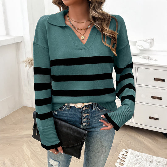 Damen nan lässiger V‑Ausschnitt Strickpullover mit Polokragen, gerippten Ärmelsäumen und markanten Blockstreifen Shop Nory