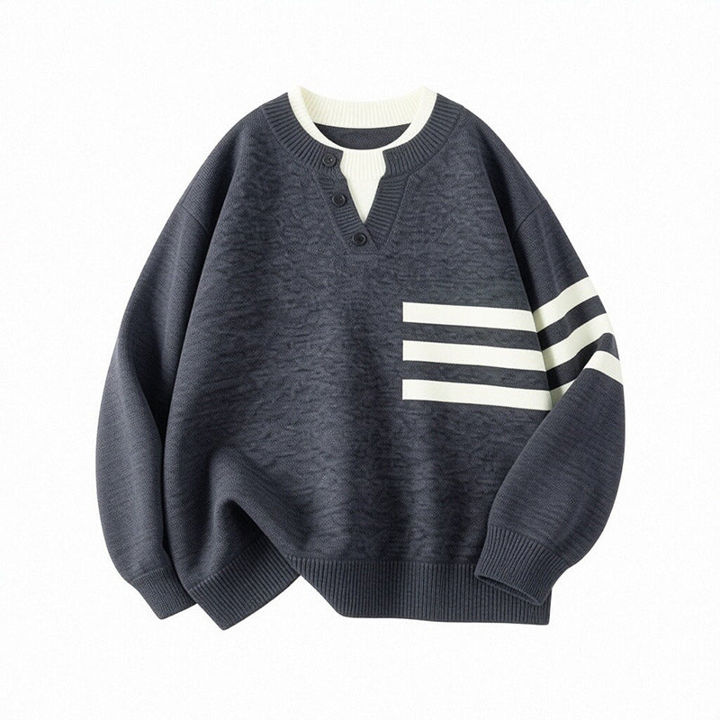 Damen Sportlicher Oversize Pullover mit Knopfleiste und Streifen Shop Nory