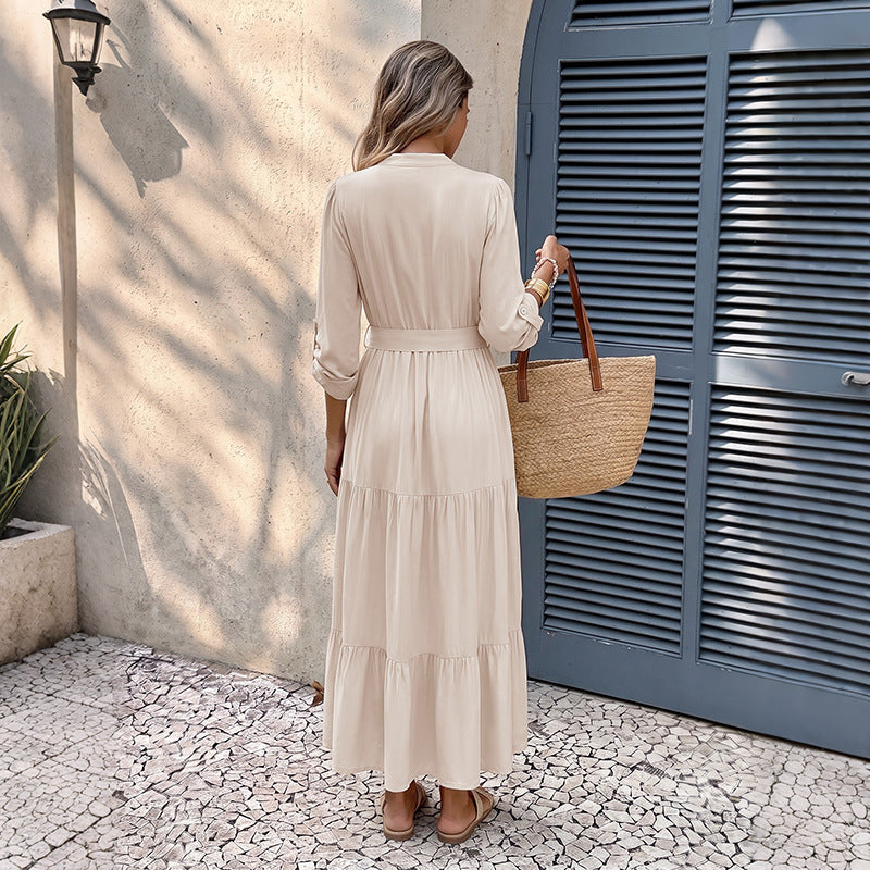 Damen Luftiges Viskose-Stufenmidikleid mit V-Ausschnitt, Bindegürtel und Manschettenärmeln Shop Nory