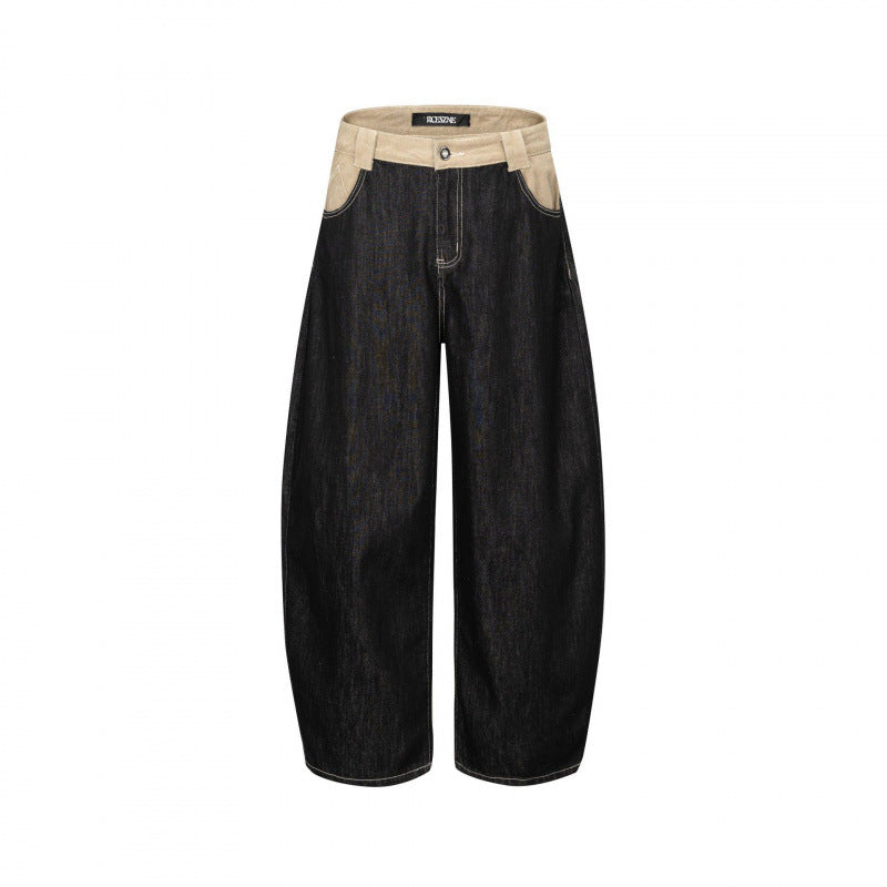Unisex Weite zweifarbige Denimhose mit hohem Bund und kontrastierten Eingrifftaschen Shop Nory
