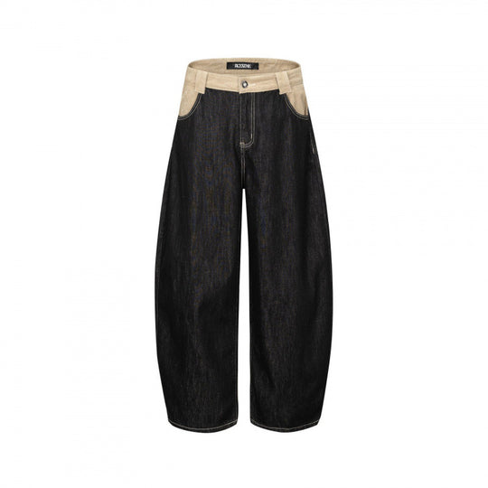 Unisex Weite zweifarbige Denimhose mit hohem Bund und kontrastierten Eingrifftaschen Shop Nory