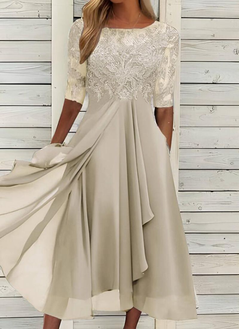 Damen nan V-Ausschnitt Chiffon-Midikleid mit besticktem Bustier, transparenten dreiviertel-Ärmeln und asymmetrischem Lagenrock