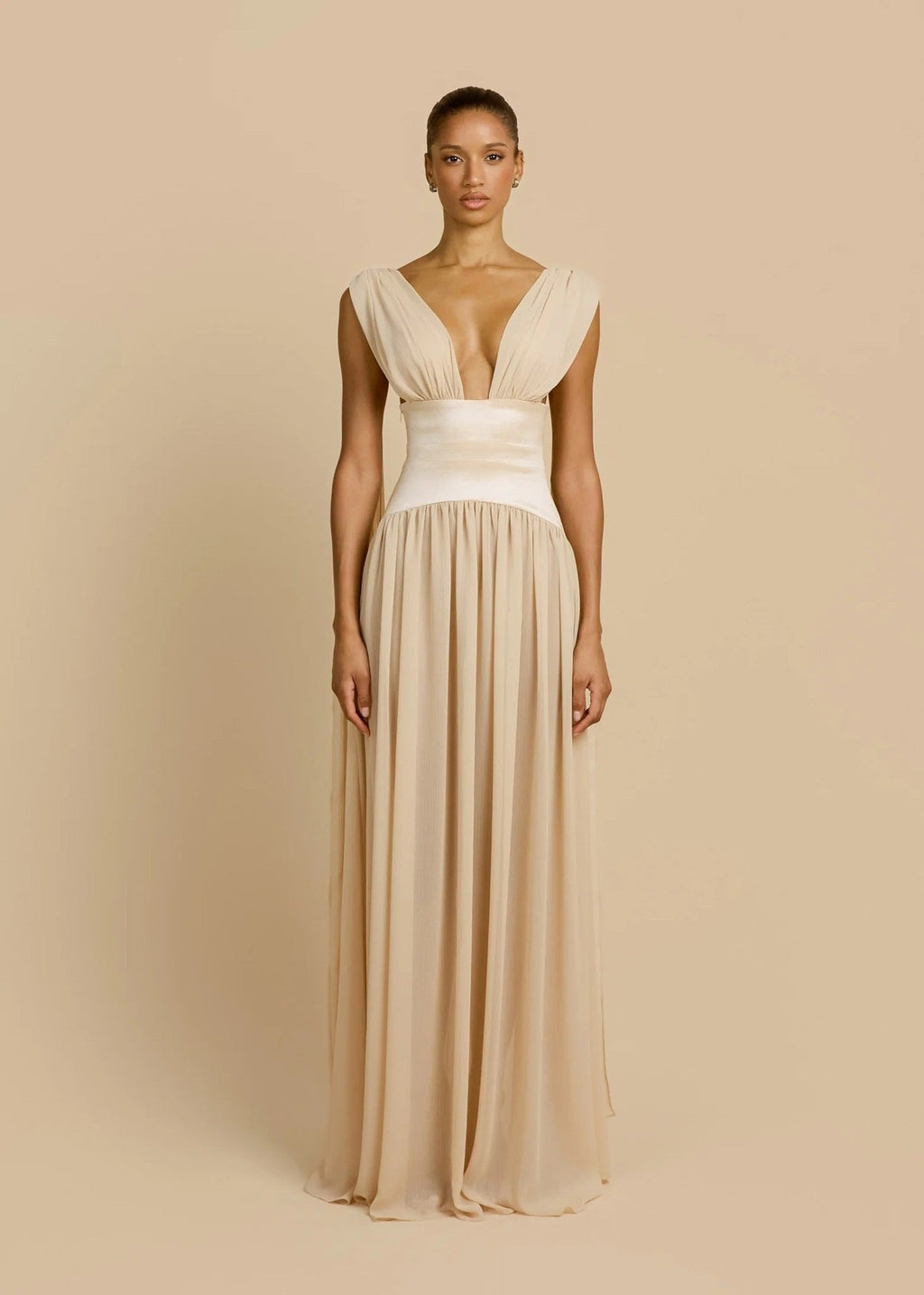 Damen Elegantes Langarm-Maxikleid mit tiefem V-Ausschnitt