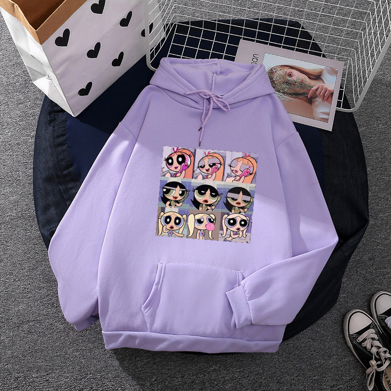 Damen nan lässiger Kapuzenpullover mit quadratischem Cartoon-Collageprint weiches Fleece Innenfutter und aufgesetzter Kängurutasche Shop Nory