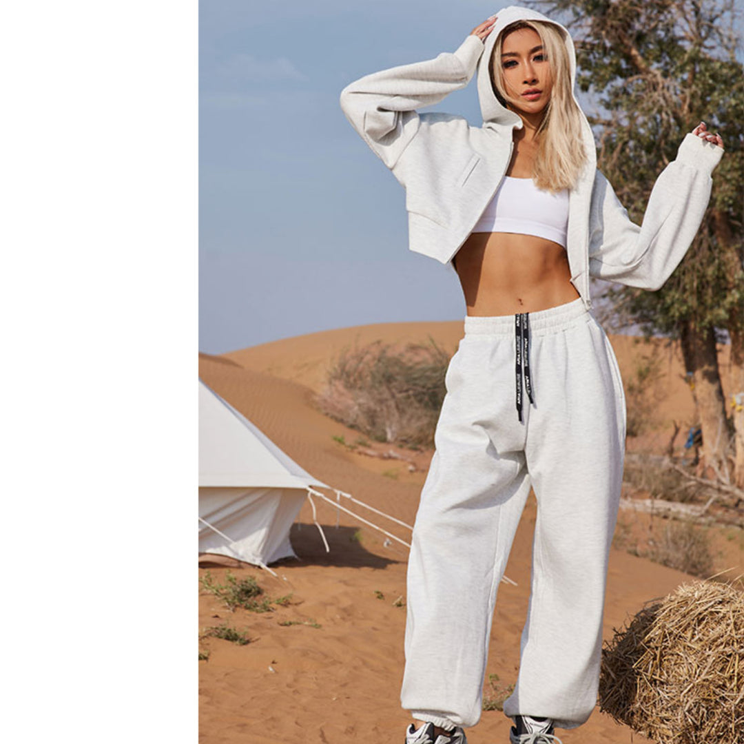 Damen Zweiteiliges Cropped Reißverschluss-Hoodie mit elastischer High-Waist Jogginghose Shop Nory