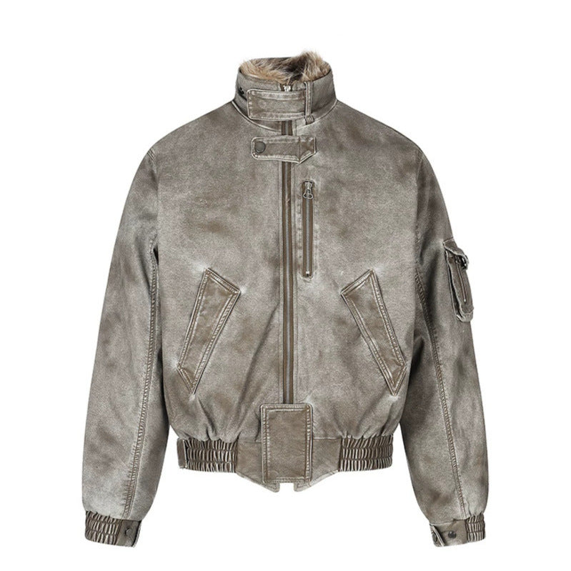 Herren wattierte Pilotjacke im Bomberstil mit hohem Kragen, Kunstfellbesatz und Taillengürtel Shop Nory