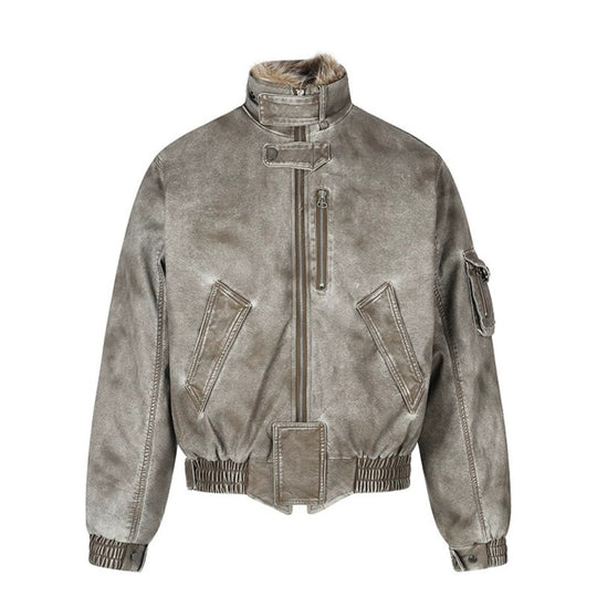Herren wattierte Pilotjacke im Bomberstil mit hohem Kragen, Kunstfellbesatz und Taillengürtel Shop Nory