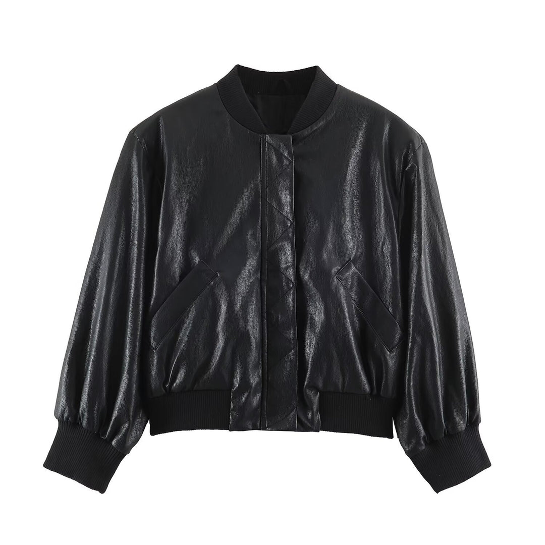 Damen Oversize Bomberjacke aus Kunstleder mit gerippten Bündchen Shop Nory