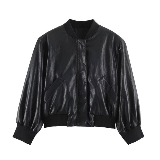 Damen Oversize Bomberjacke aus Kunstleder mit gerippten Bündchen Shop Nory