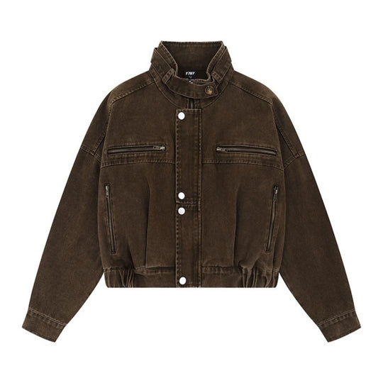 Damen Cropped Utility-Bomberjacke mit Stehkragen, Reißverschlusstaschen und Elastbund Shop Nory