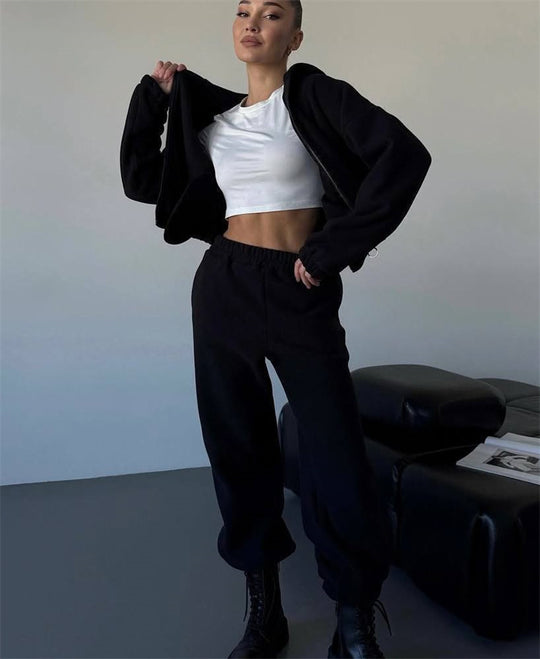 Damen kuscheliges Fleece-Hoodie und Jogginghose Lounge-Set mit Reißverschluss Kapuze elastischem Bund Shop Nory