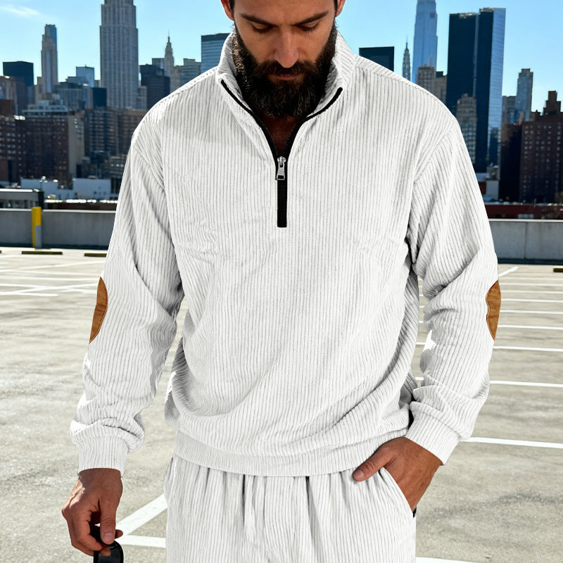 Herren Cord-Struktur-Halbzip-Pullover im Relaxed-Fit mit Stehkragen und Ellbogen-Patch Shop Nory