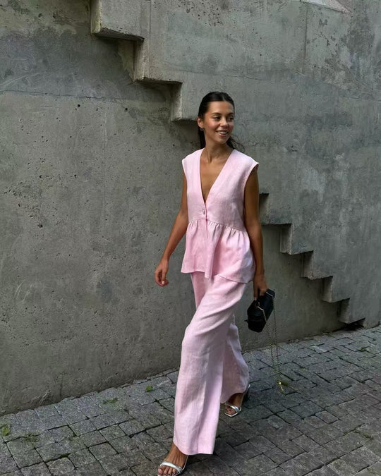 Damen lässiger und eleganter Zweiteiler aus Leinen