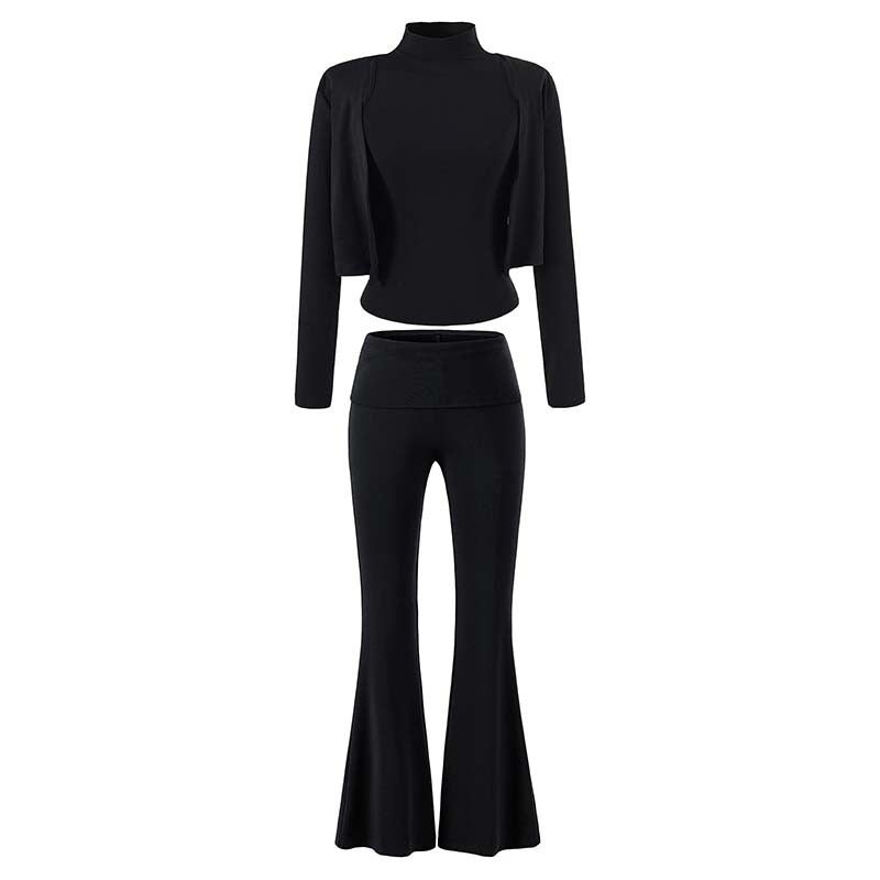 Damen Loungewear-Set mit Bolero, Rollkragen-Croptop und ausgestellter Schlaghose Shop Nory