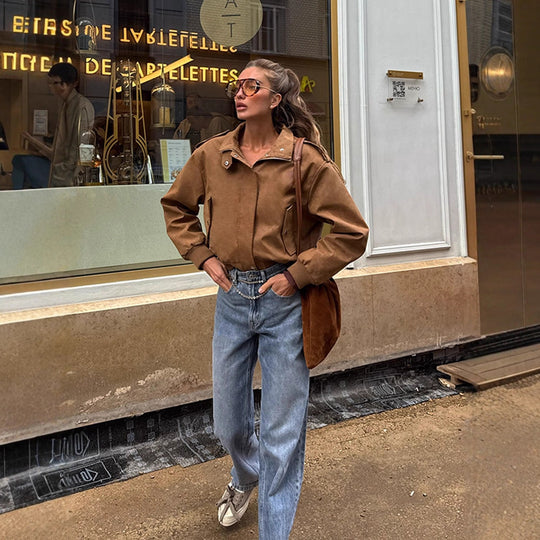 Damen Kurz geschnittene Bomberjacke aus Velourslederoptik mit Rippbündchen Shop Nory