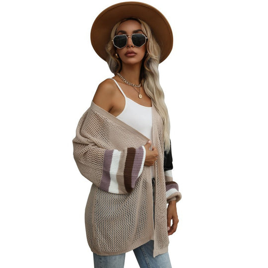 Damen Longline-Netzstrick-Cardigan mit Ballonärmeln und Blockstreifen Shop Nory
