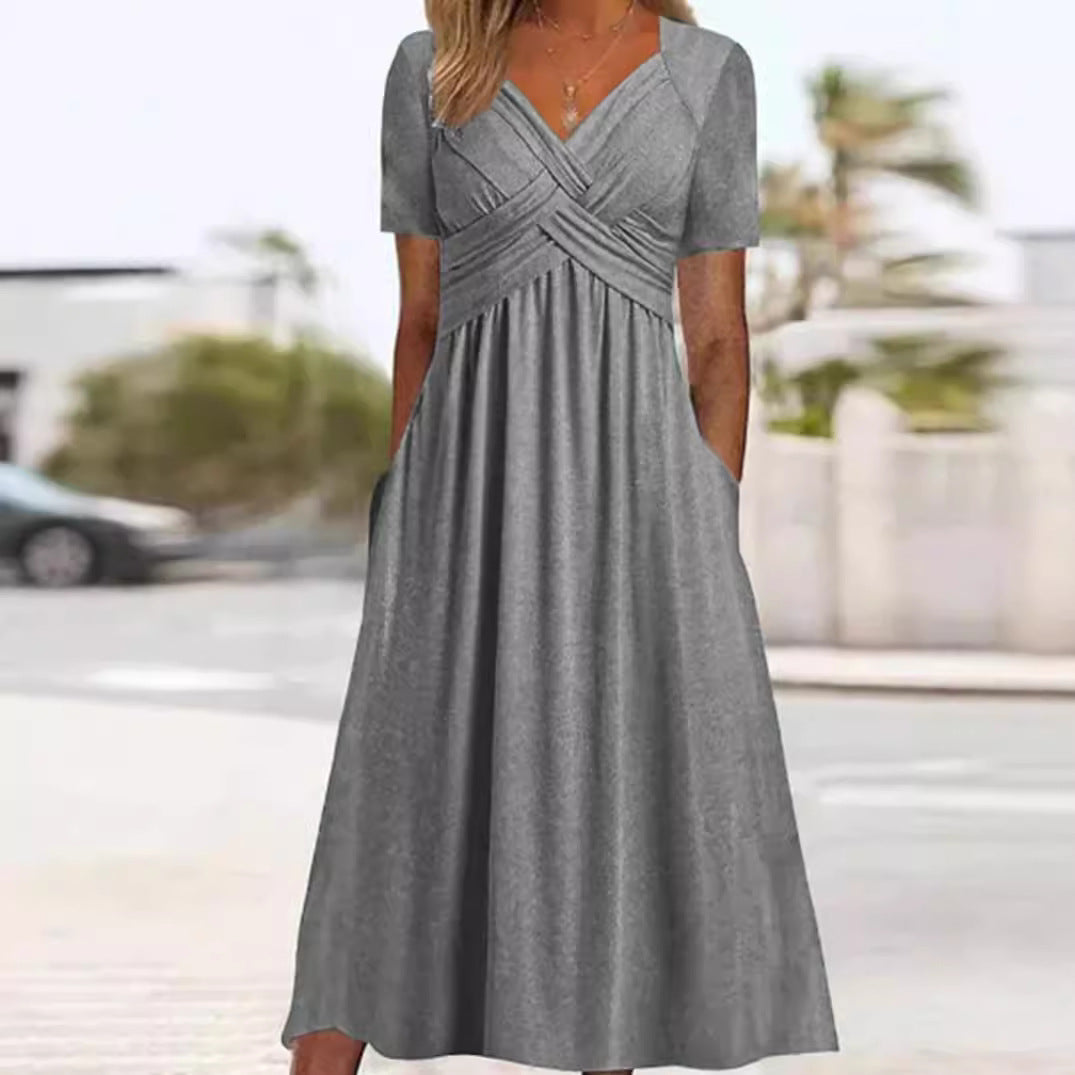 Damen nan fließendes Maxikleid mit gekreuzter Passe V-Ausschnitt Kurzarm und Eingrifftaschen