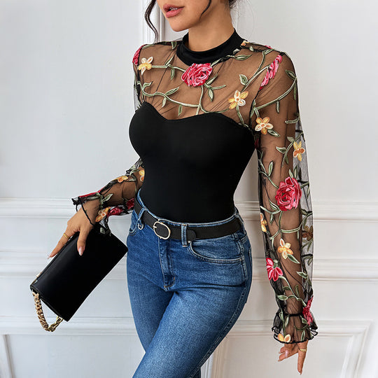 Damen Transparenter Mesh-Body mit floraler Stickerei, Herz-Bustier-Einsatz und Stehkragen Shop Nory