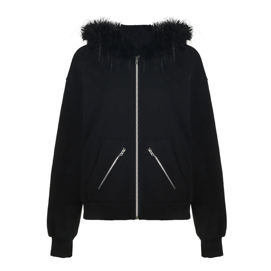 Damen warme Sweatjacke mit abnehmbarem Kunstfellkragen