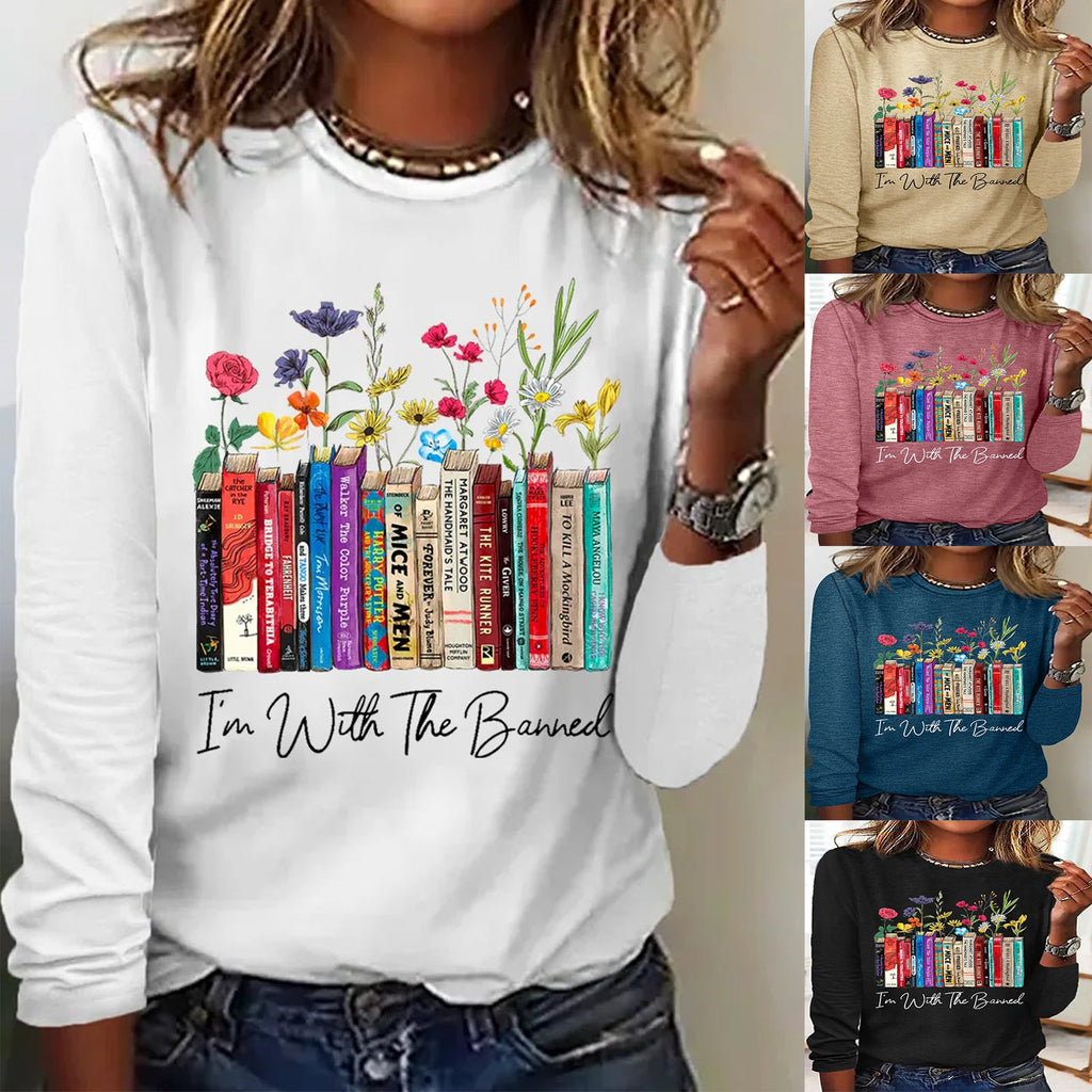 Damen Langarmshirt mit Bücher- und Blumenmotiv