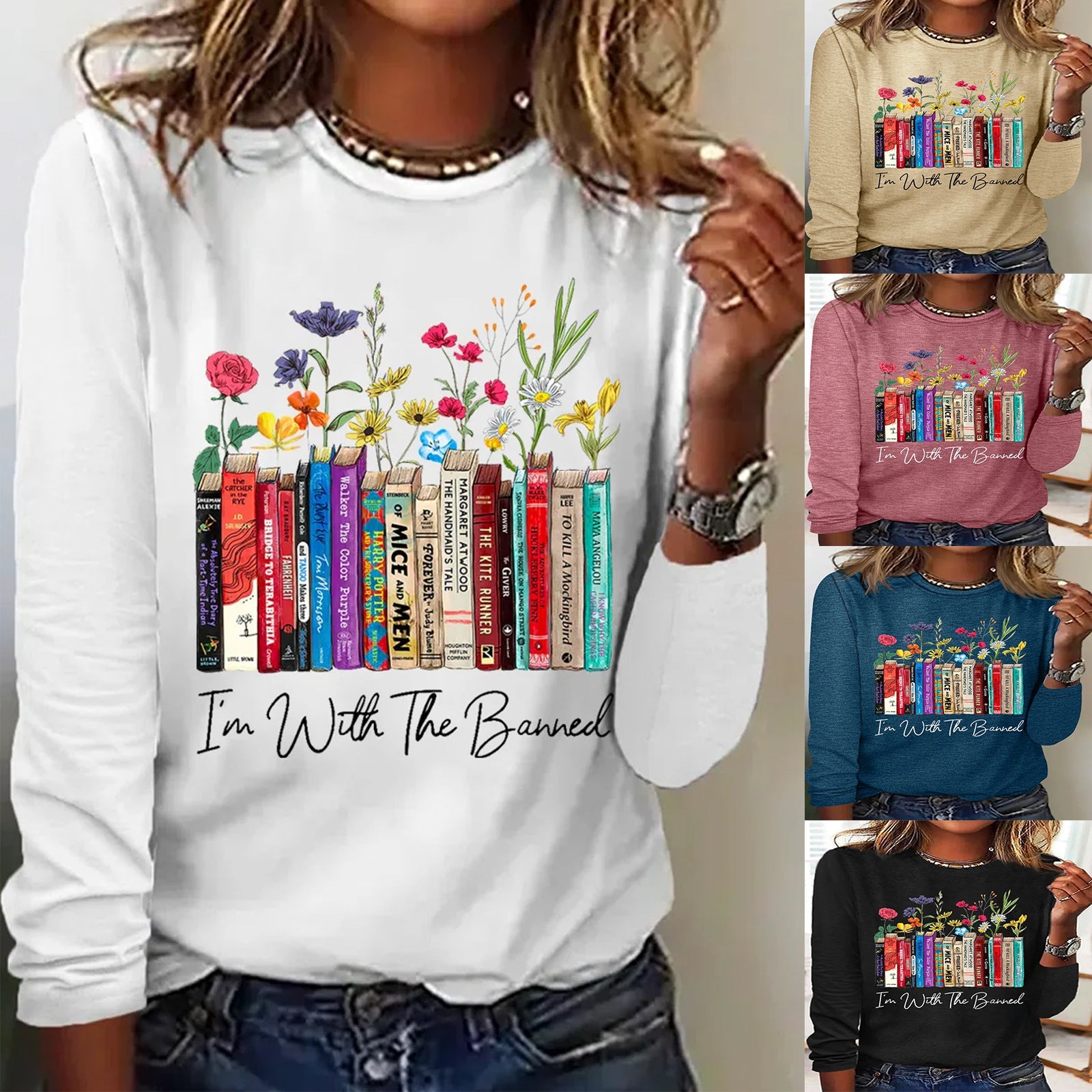 Damen Langarmshirt mit Bücher- und Blumenmotiv