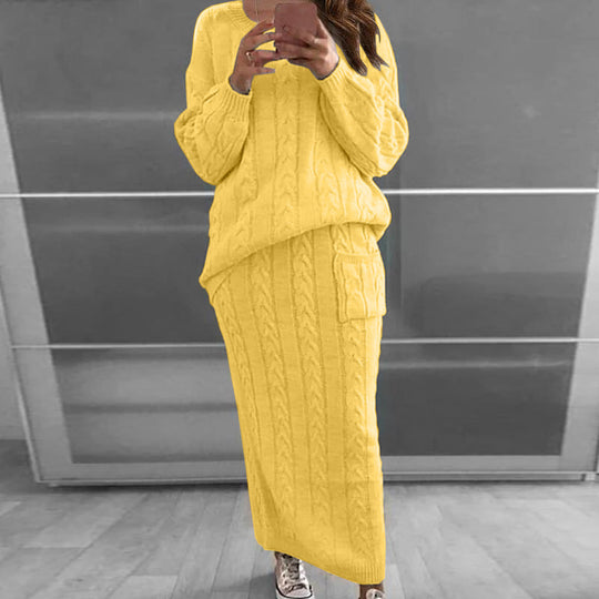 Damen nan Strickset Oversized Zopfmuster-Pullover und Maxi-Bleistiftrock mit aufgesetzter Tasche Shop Nory