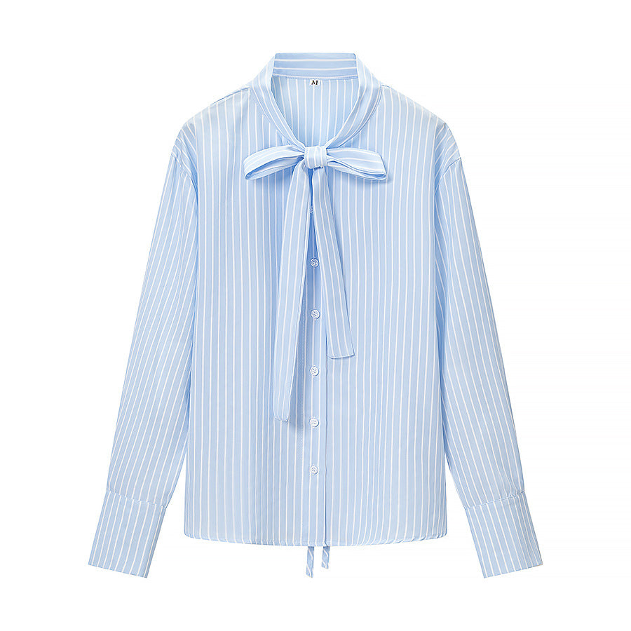 Damen Gestreifte Bluse mit Schleifenkragen und durchgehender Knopfleiste Shop Nory