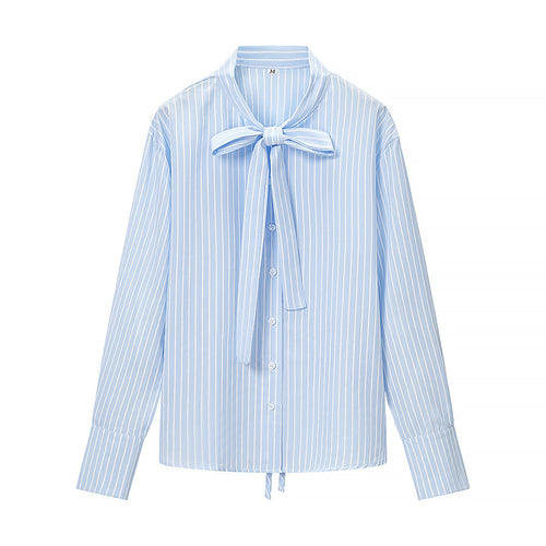 Damen Gestreifte Bluse mit Schleifenkragen und durchgehender Knopfleiste Shop Nory