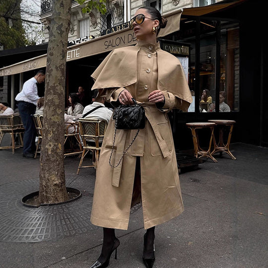 Damen Langer Trenchcoat mit Capelet, Taillengürtel und Sturmkragen Shop Nory