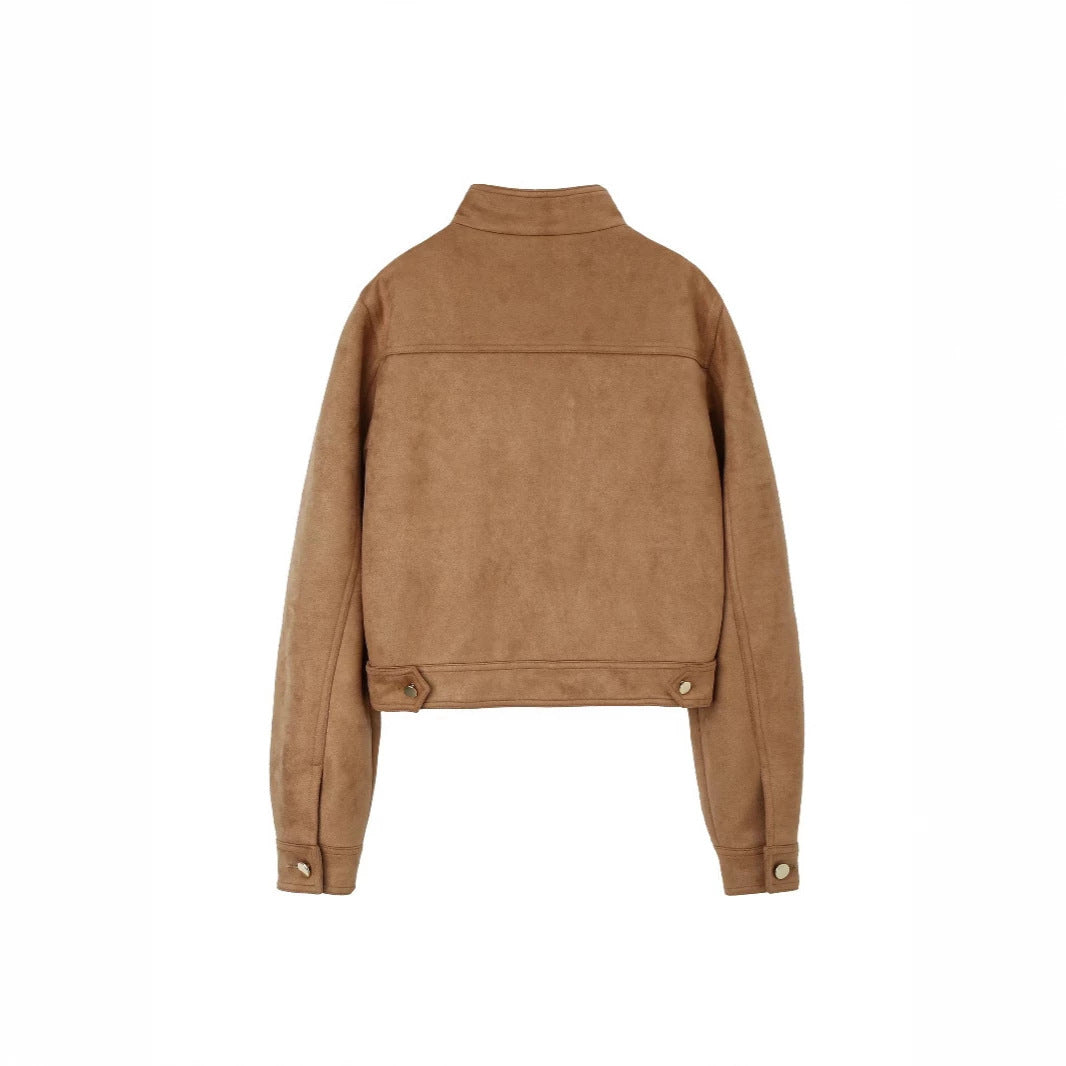 Damen Kurzjacke aus Wildlederoptik mit Stehkragen und aufgesetzten Pattentaschen Shop Nory
