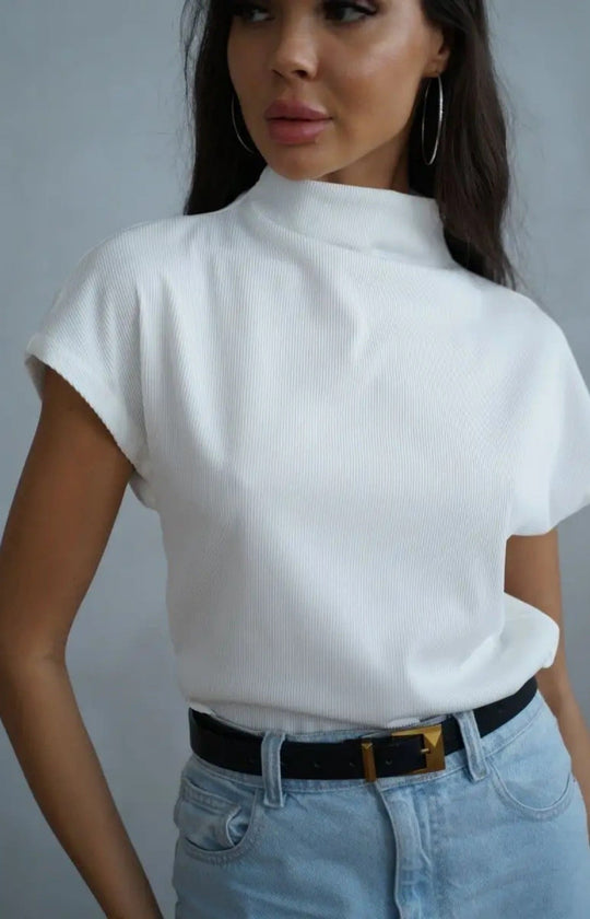 Damen modernes Kurzarm-Oberteil mit hohem Stehkragen und strukturiertem Design