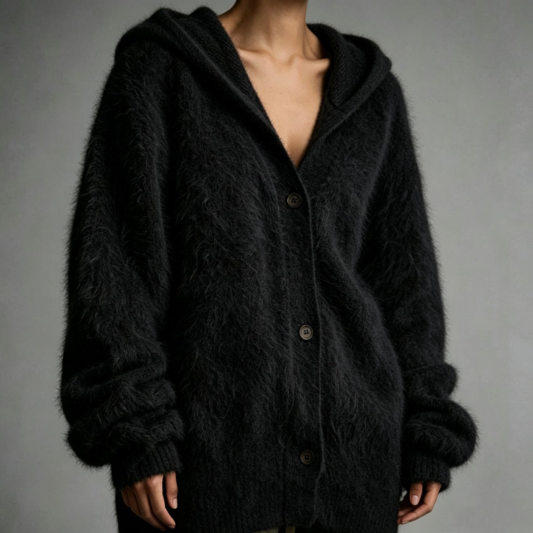 Damen Flauschiger Kapuzen-Cardigan im Mohair-Look mit Knopfleiste Shop Nory