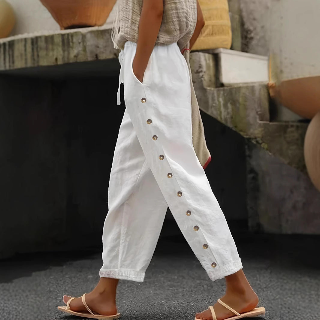 Damen Leichte Leinenhose mit hoher Taille, Kordelzug und seitlicher Druckknopf-Detailierung Shop Nory