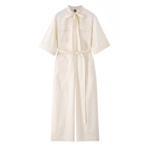 Damen Overall mit Schleifenkragen, Taillengürtel und weitem Bein Shop Nory