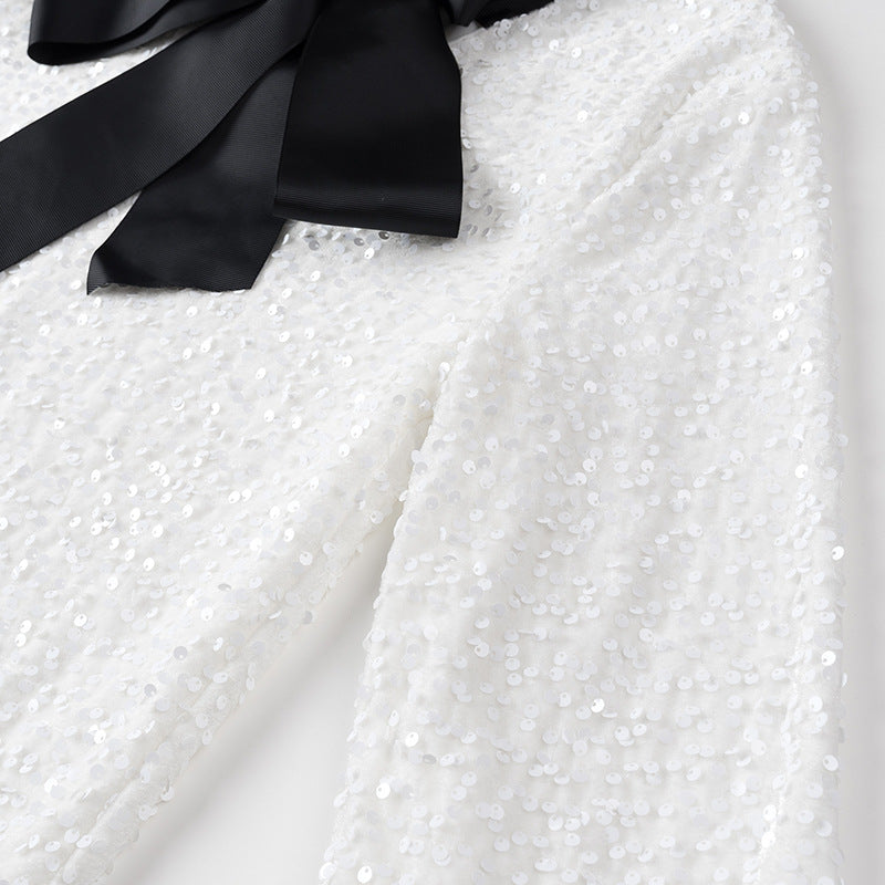 Damen Glitzer-Tunika mit Schleifenkragen und feiner Paillettenstruktur Shop Nory