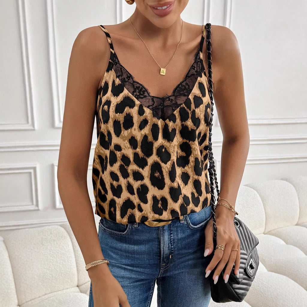 Damen Elegantes Top mit transparentem Spitzenbesatz im Animal Print Shopnory