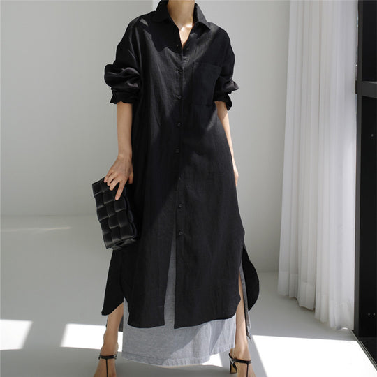 Damen Langes Leichtes Hemdblusen-Midaxi-Kleid mit Kentkragen und hohen Seitenschlitzen Shop Nory