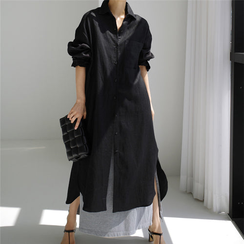 Damen Langes Leichtes Hemdblusen-Midaxi-Kleid mit Kentkragen und hohen Seitenschlitzen Shop Nory