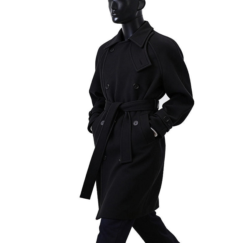 Herren Dramatisch geschnittener Doppelreihiger Wollmix-Longcoat mit Kragenlaschen und Bindegürtel Shop Nory