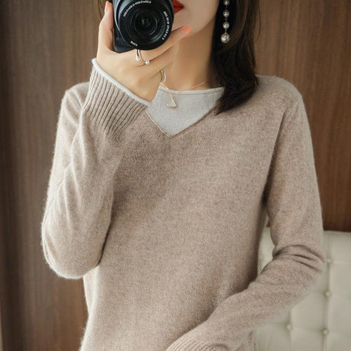 Damen Weicher V‑Ausschnitt-Pullover aus Kaschmir‑Look mit kontrastierter Kantenverzierung Shop Nory