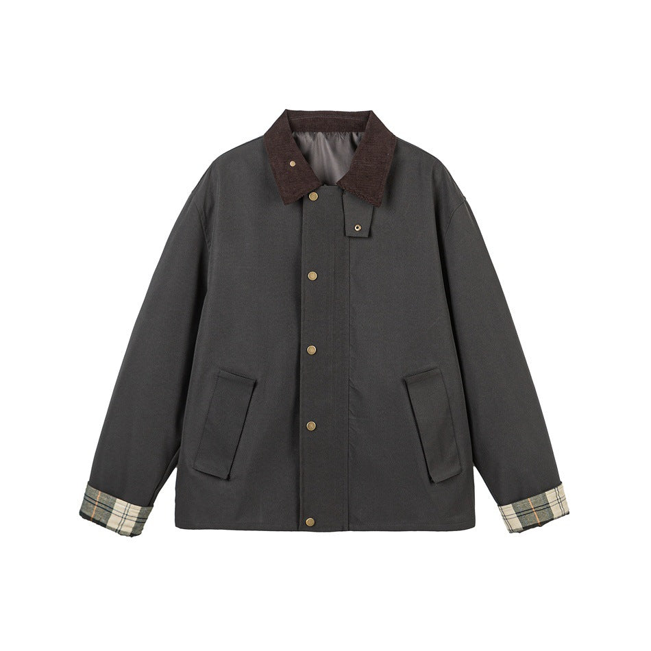 Herren Kurz geschnittene Canvas‑Fieldjacke mit Cordkragen und verdeckter Druckknopfleiste Shop Nory