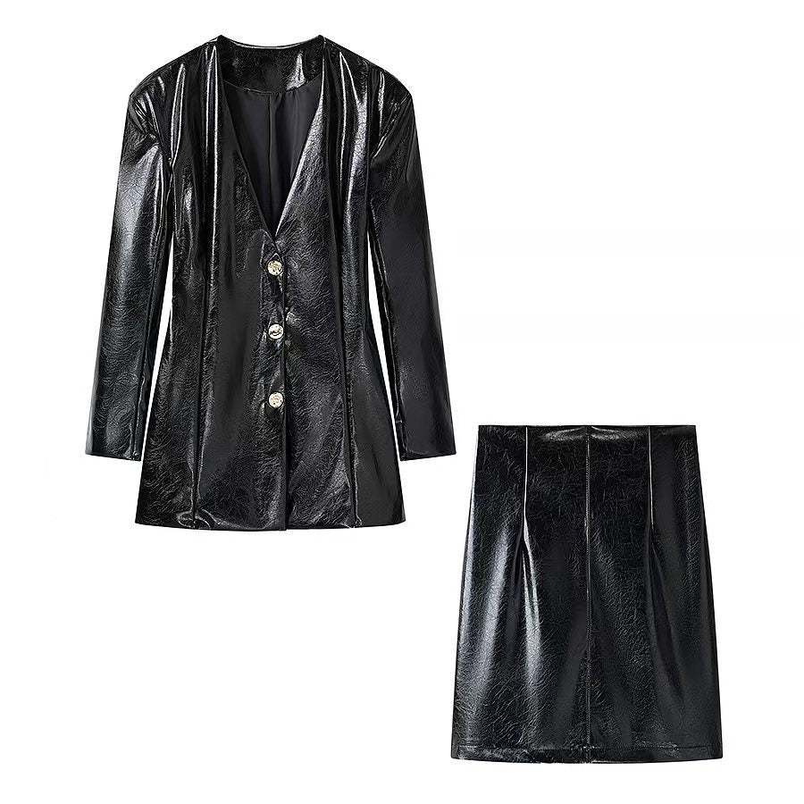 Damen Kurzer Lacklederimitat-Rock mit gerader Silhouette und Mittelnaht Shop Nory