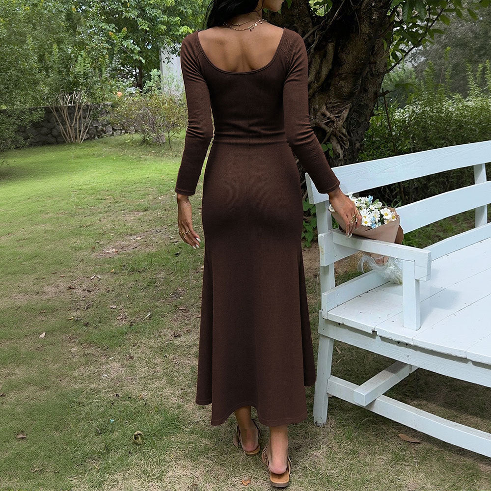 Damen figurbetontes Ripp-Maxikleid mit langen Ärmeln, Knoten‑Keyhole und ausgestelltem Meerjungfrauen-Saum Shop Nory