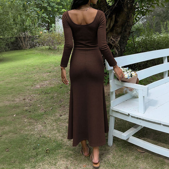 Damen figurbetontes Ripp-Maxikleid mit langen Ärmeln, Knoten‑Keyhole und ausgestelltem Meerjungfrauen-Saum Shop Nory
