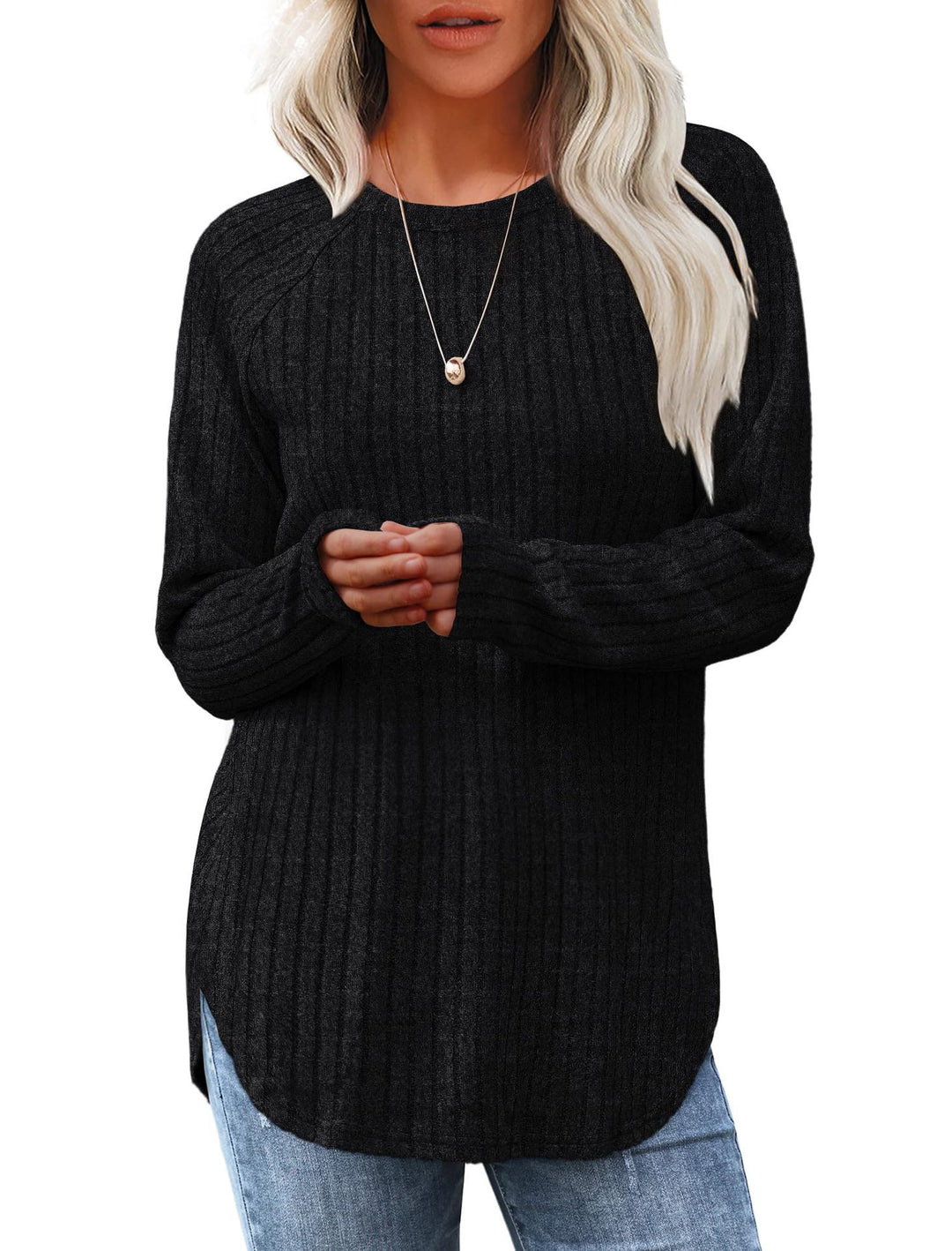 Damen gerippter Strickpullover mit Rundhalsausschnitt Oversize-Passform und Seitenschlitzen Shop Nory
