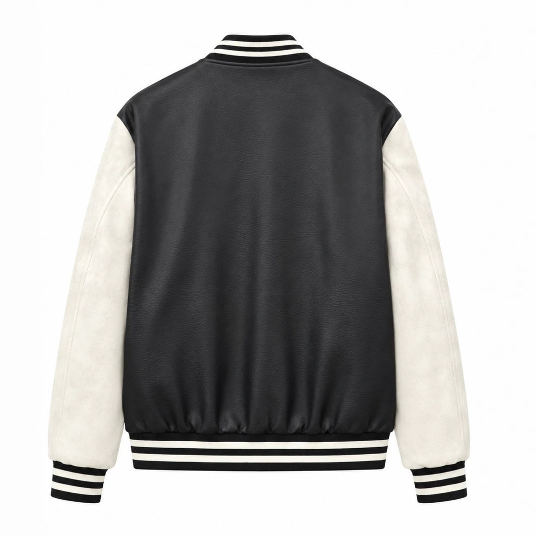 Herren Varsity‑Bomberjacke im College‑Stil mit Lederimitatkörper und kontrastierenden Wildlederärmeln Shop Nory