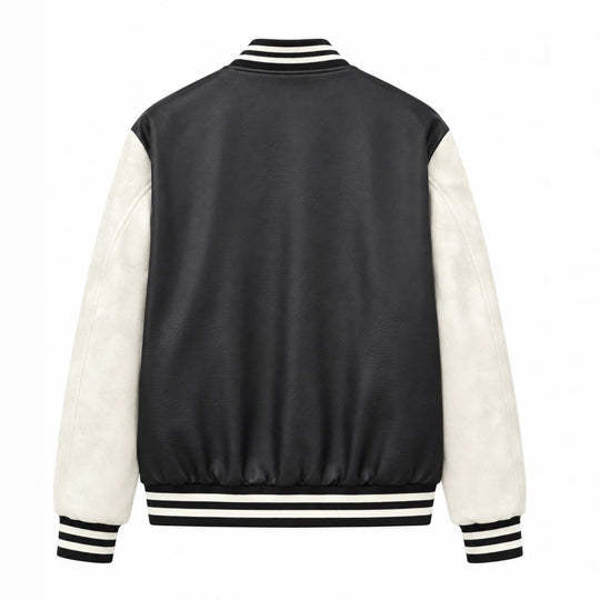 Herren Varsity‑Bomberjacke im College‑Stil mit Lederimitatkörper und kontrastierenden Wildlederärmeln Shop Nory