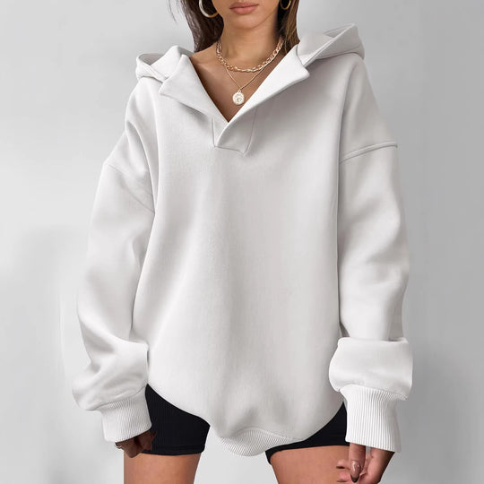 Damen Oversize-Kapuzenpullover aus schwerem Sweatstoff mit V‑Ausschnitt‑Detail und langen Rippbündchen Shop Nory