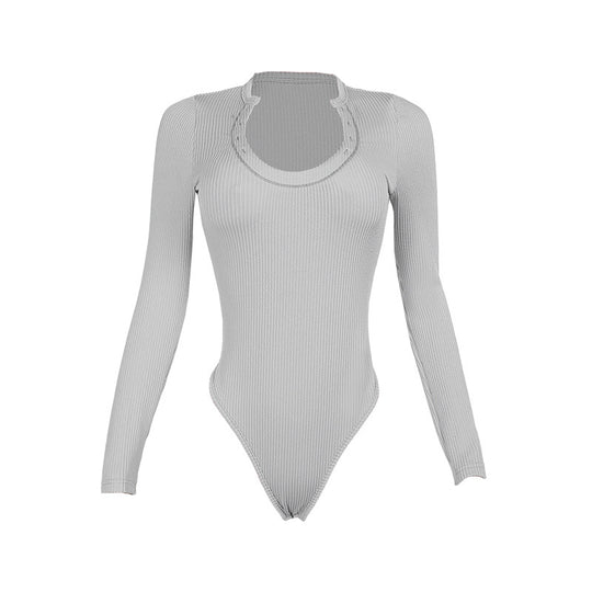 Damen Figurbetonter Rippshirt-Body mit langen Ärmeln und hohem Beinschnitt Shop Nory